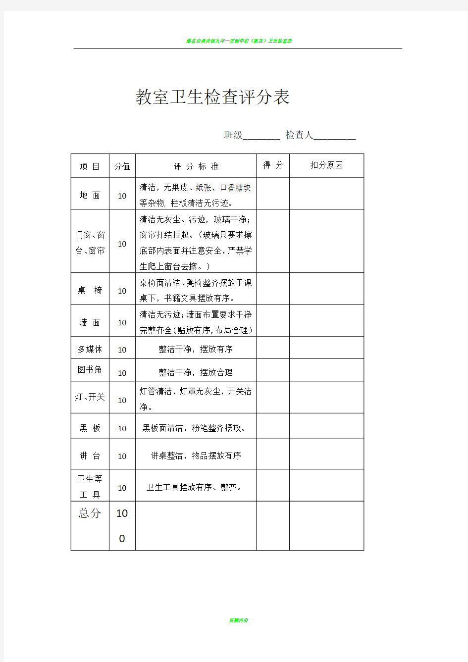 教室卫生检查评分表