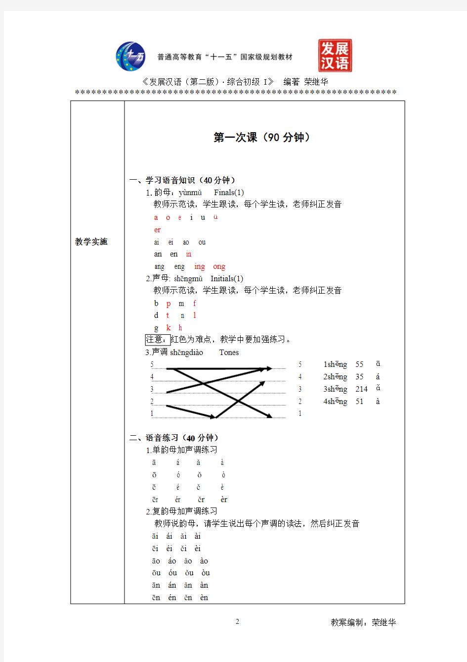 发展汉语初级综合1：第1课教案
