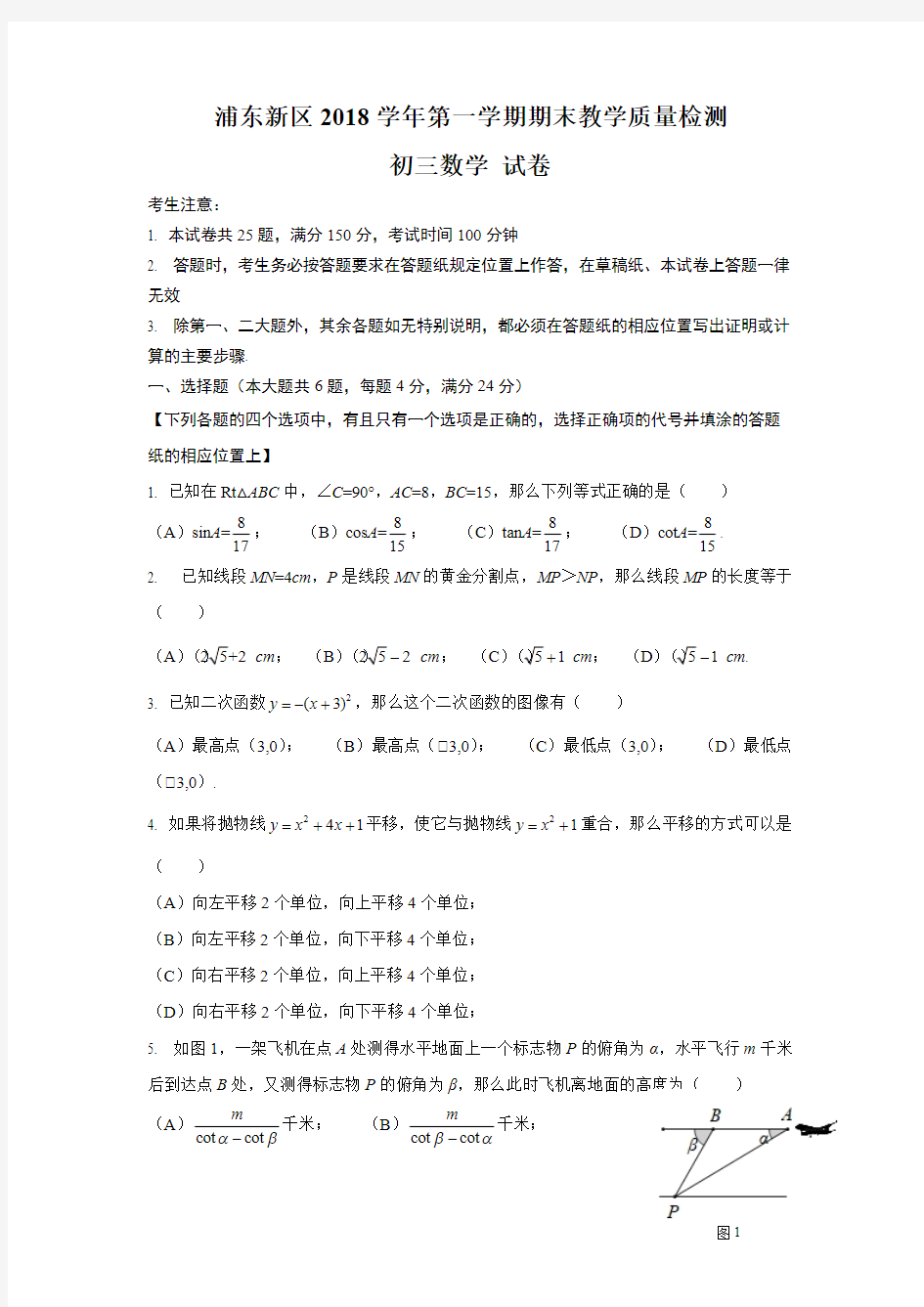 2019浦东新区初三数学一模及答案