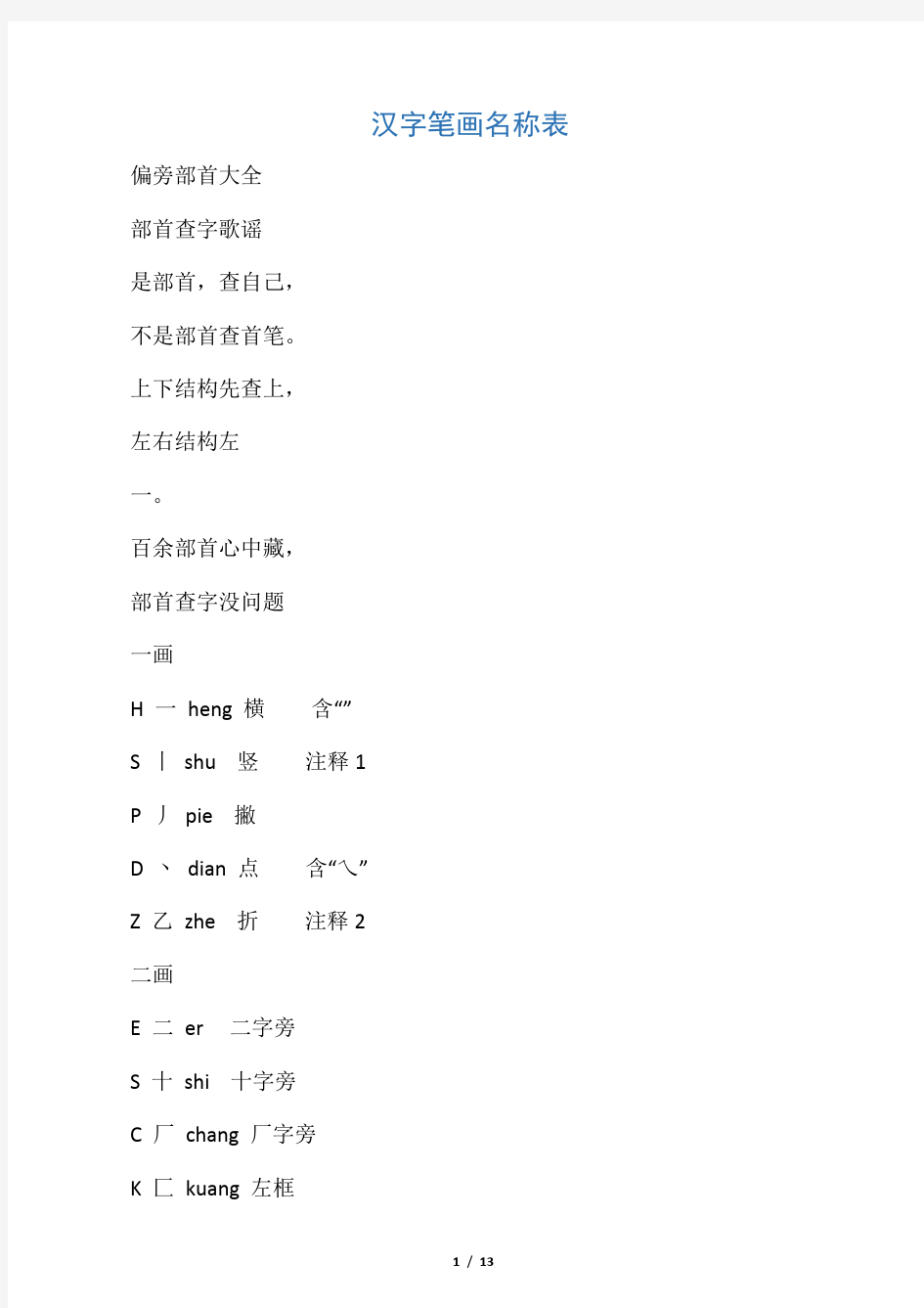 汉字笔画名称表和偏旁部首大全