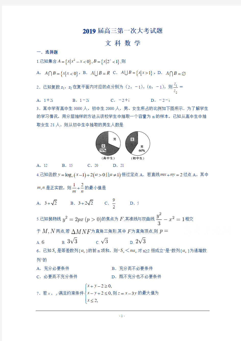 河南省顶级名校2019届高三第一次大考数学(文)试题含答案