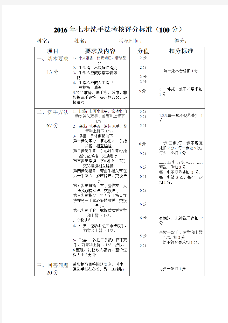 七步洗手法考核评分标准