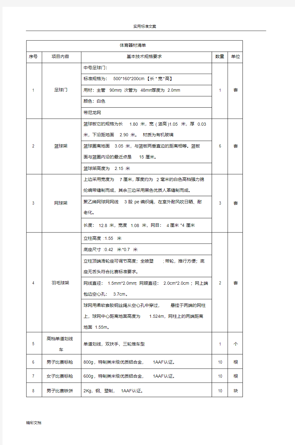 体育器材的应用清单