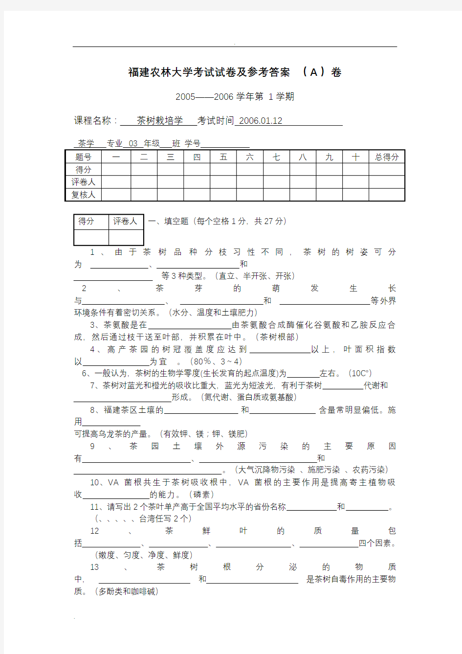 茶树栽培学试卷及参考答案