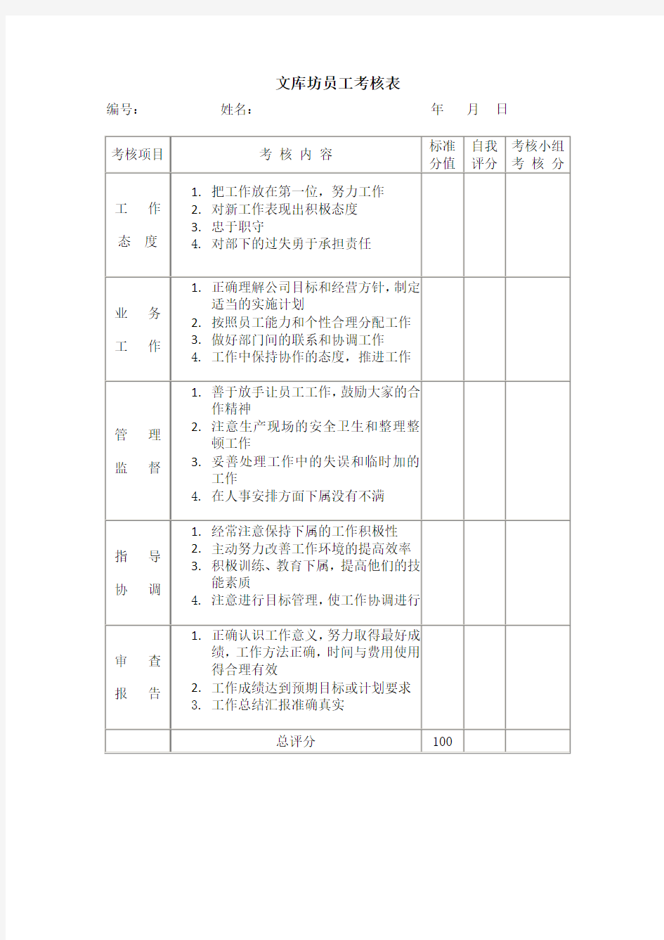 公司员工考核表细则及方法