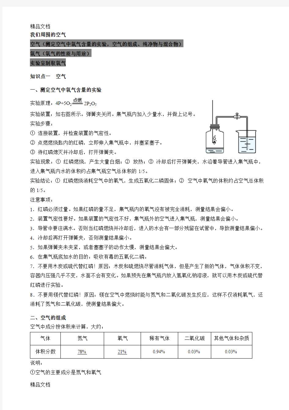 最新第二单元：空气-氧气-复习课教案