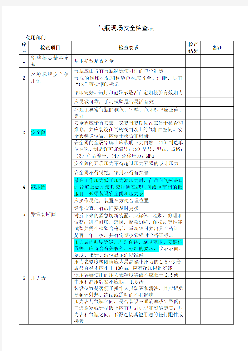 气瓶使用安全检查表