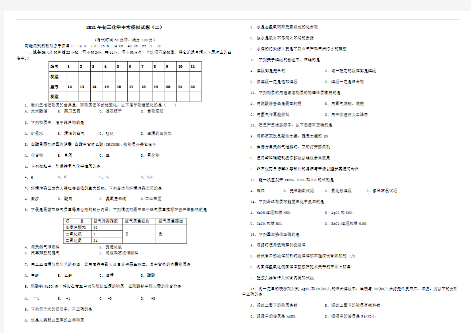 2021年初三化学中考模拟试题(二)