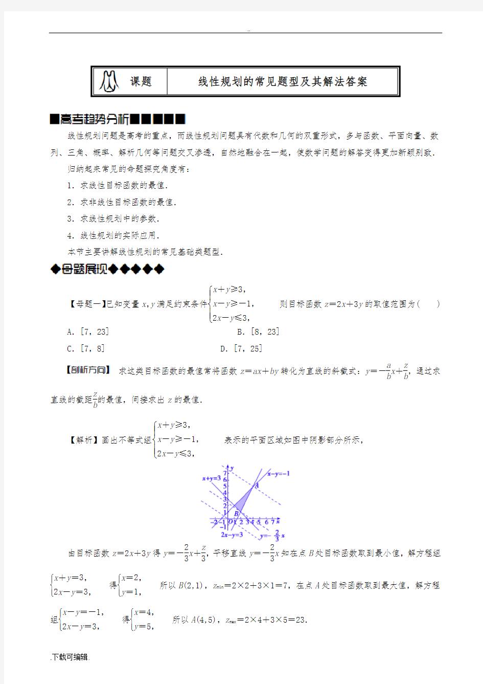 线性规划的常见题型和解法(教师版_题型全_归纳好)