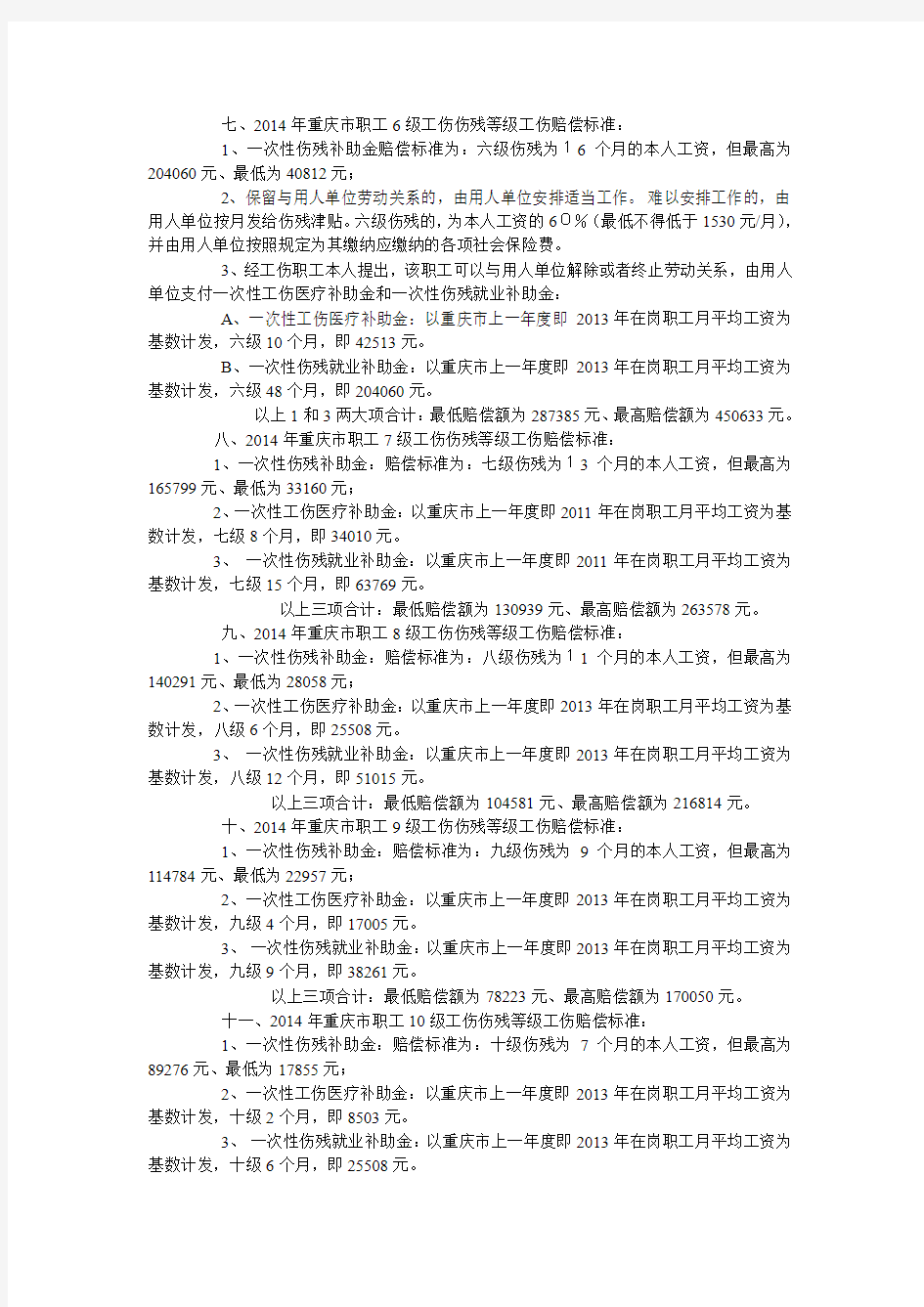 2014年重庆市职工因工死亡工伤赔偿标准