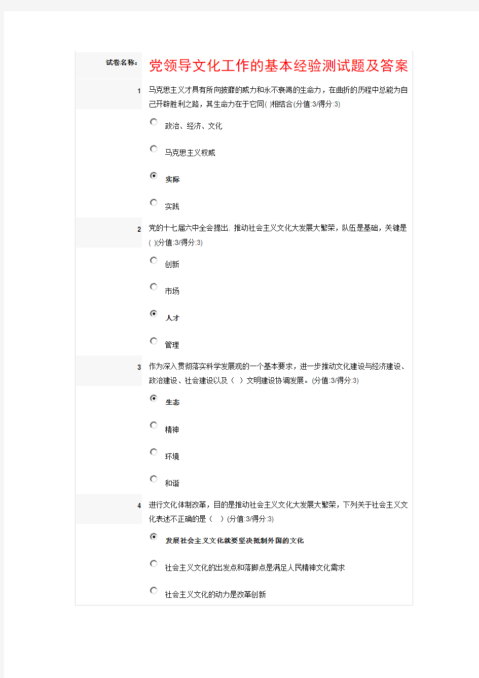 2012安徽干部在线教育：党领导文化工作的基本经验测试及答案