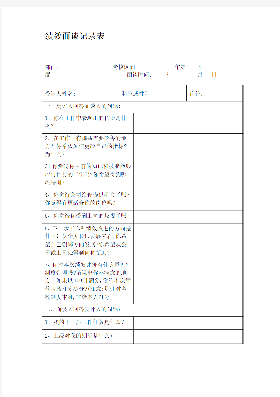 绩效面谈记录表1