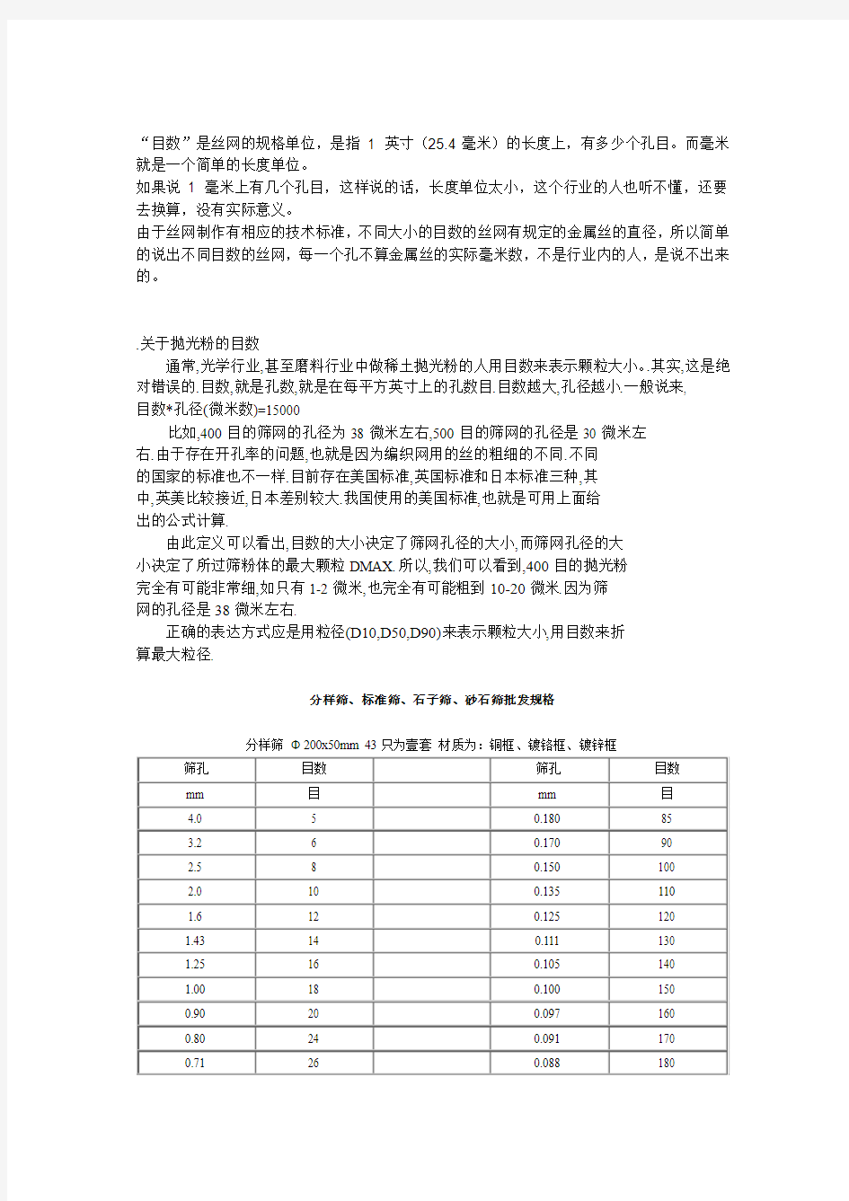 分样筛目数与孔径换算