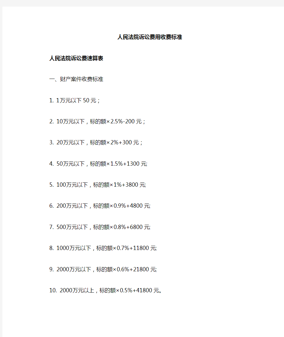 法院诉讼费用收费标准