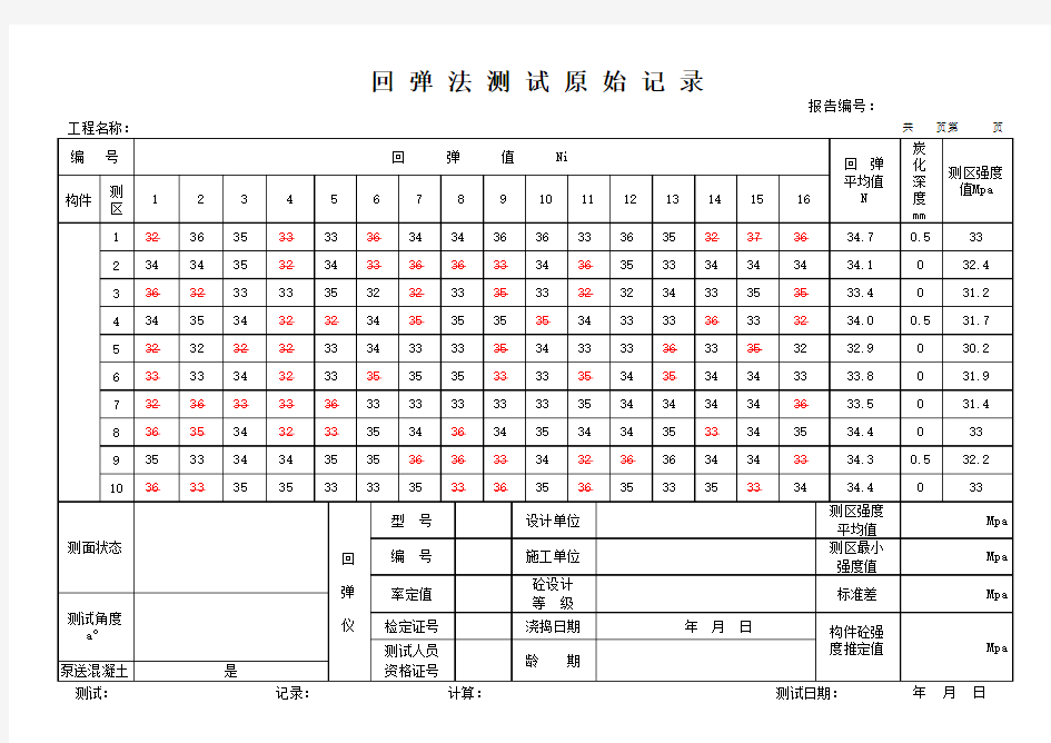 回弹法测试原始记录自动计算C25