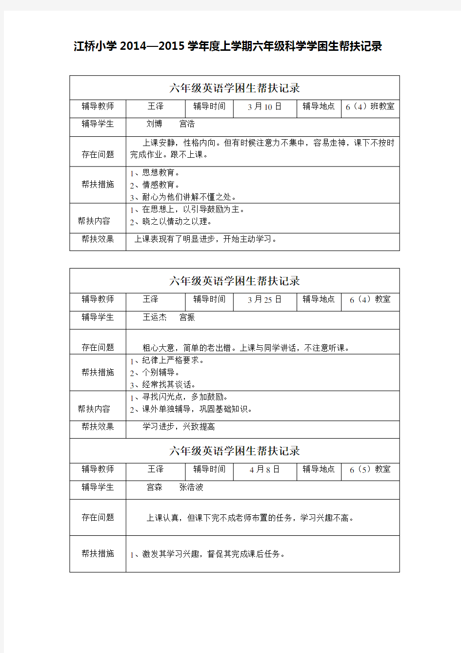 六年级下英语学困生帮扶记录