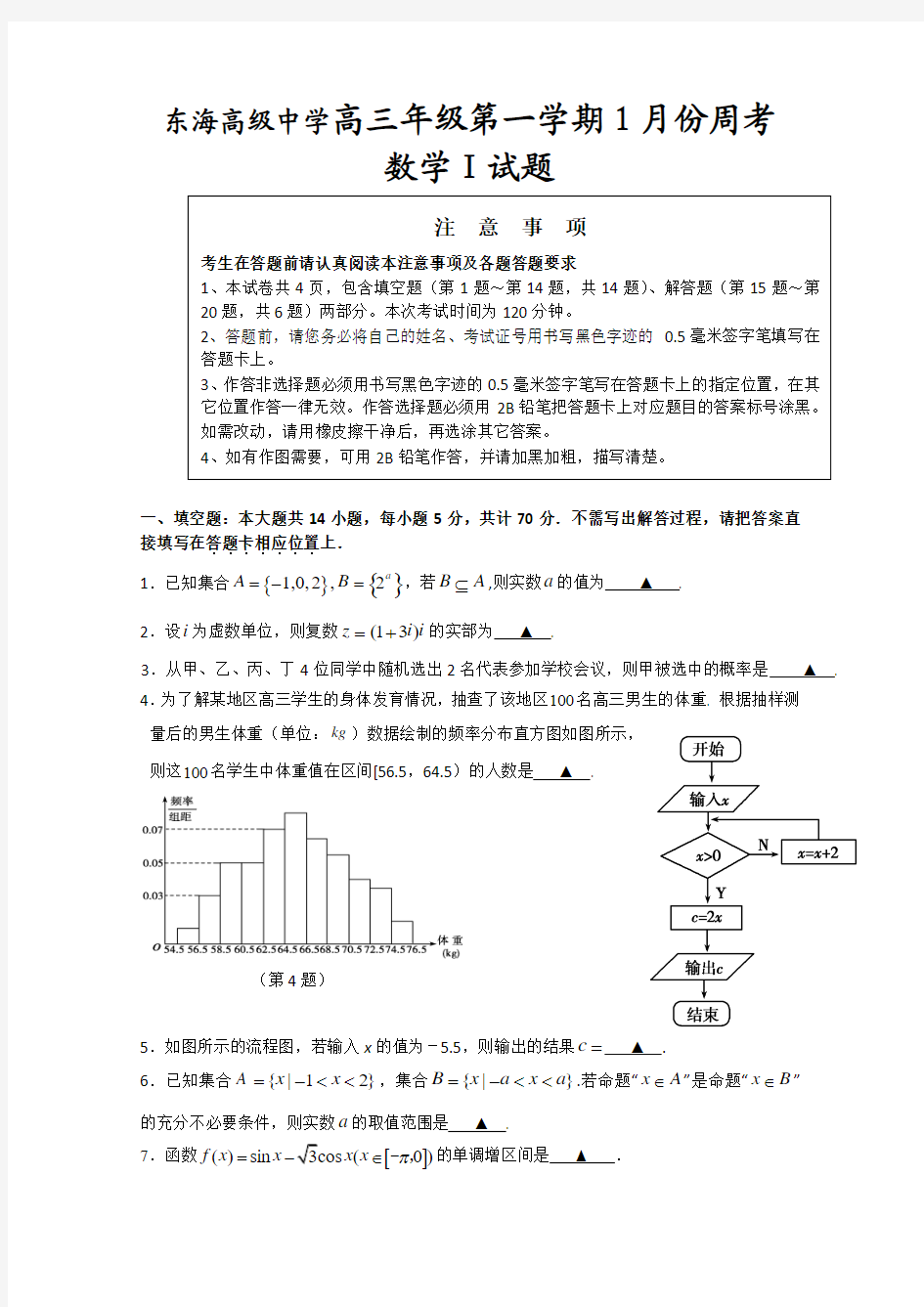 江苏省东海高级中学2015届高三1月周练数学试题 Word版含答案