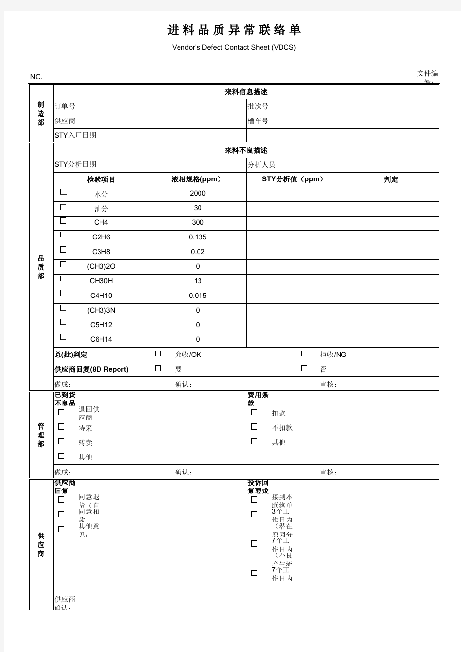 进料品质异常联络单