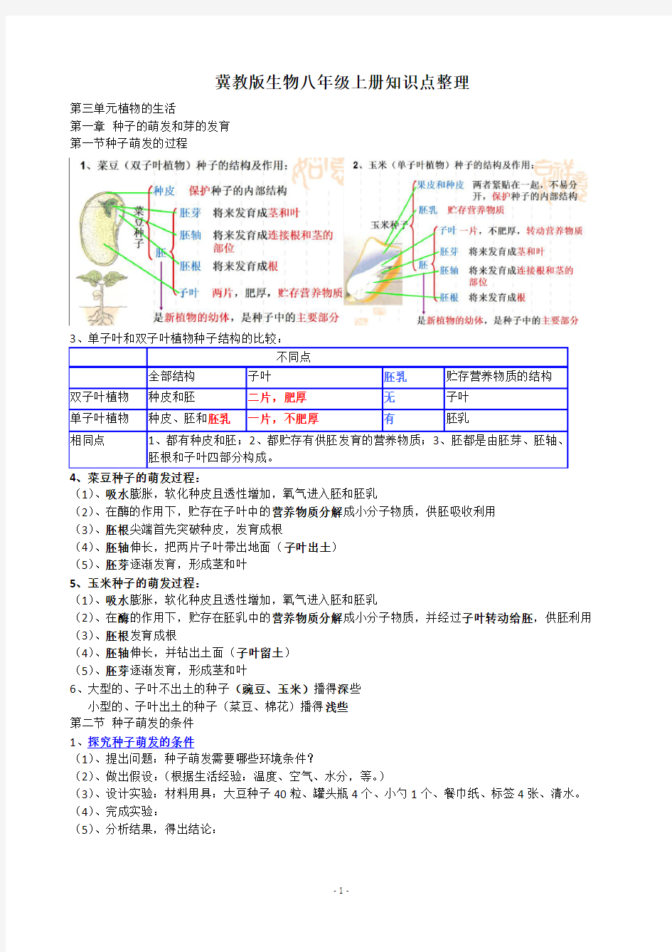 冀教版生物八年级上册知识点整理