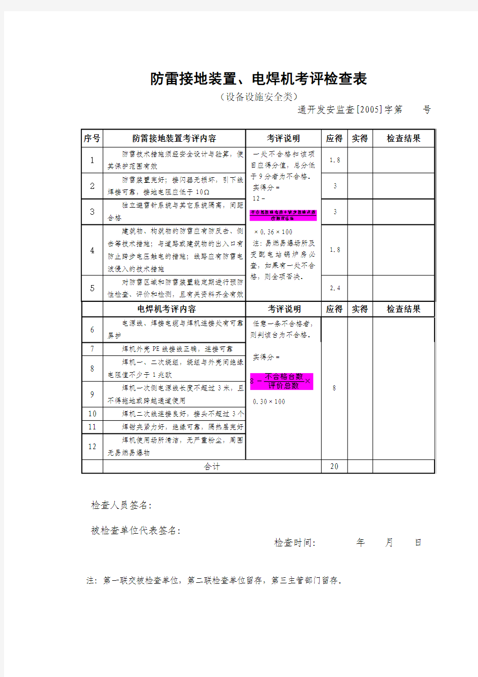 防雷接地装置、电焊机安全检查表