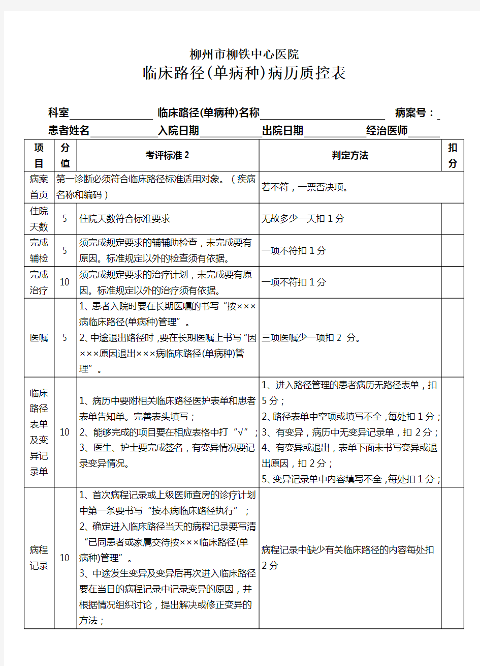 临床路径单病种病历质控表