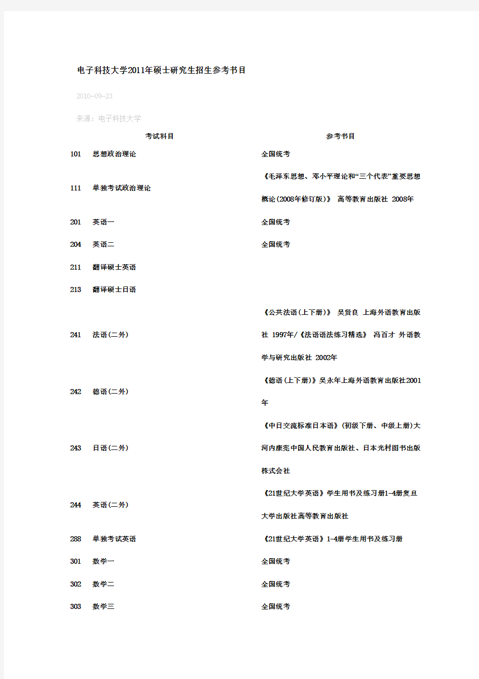 电子科技大学研究生考试参考书目