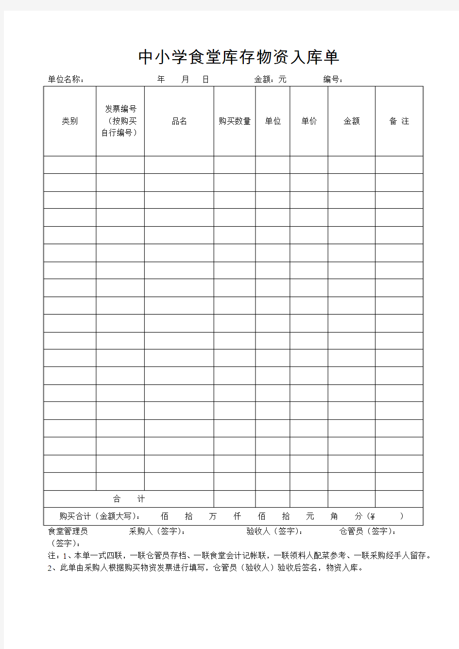 中小学食堂库存物资入库单