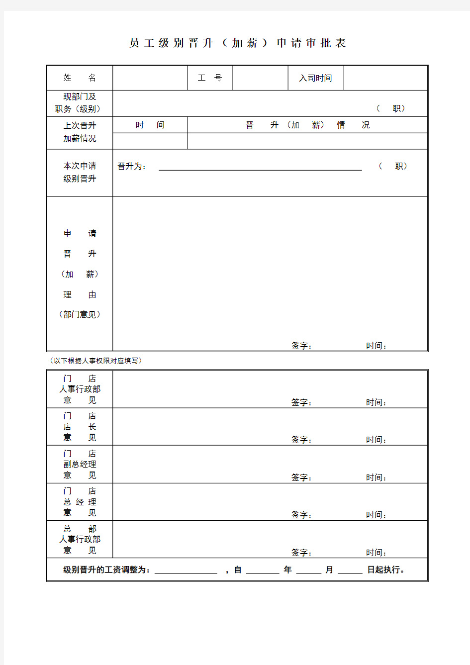 员工级别晋升申请审批表