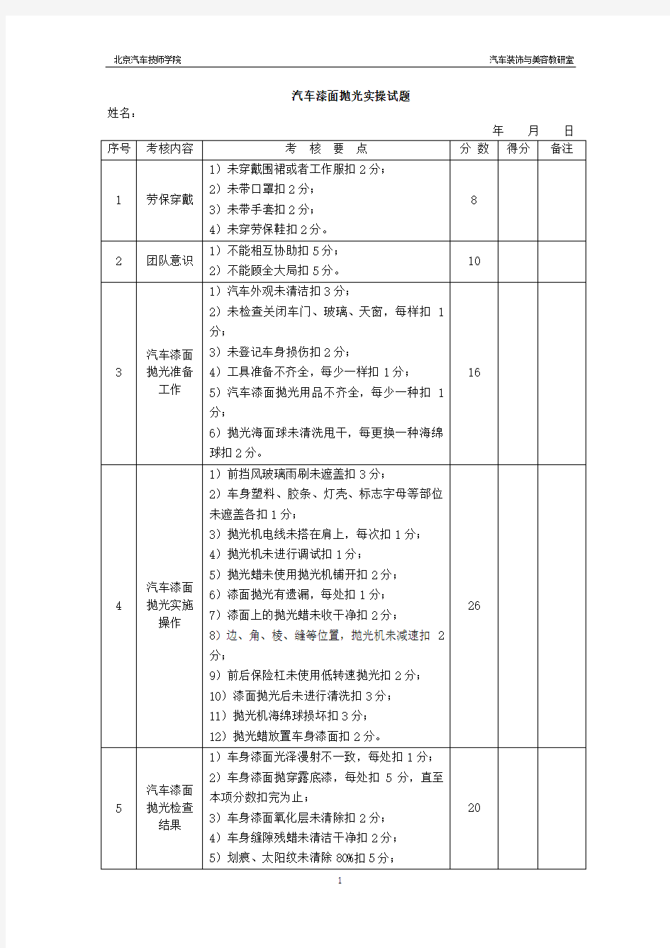 汽车漆面抛光实操评分试题