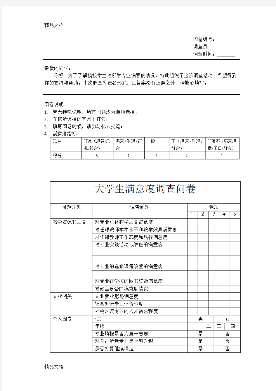 最新大学生专业满意度调查问卷