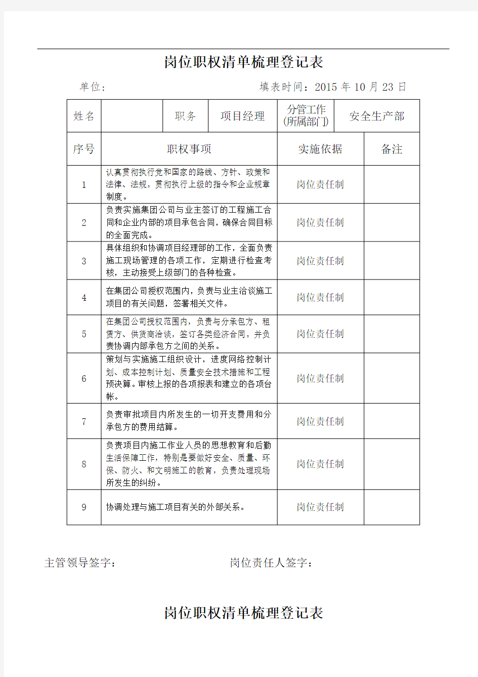 岗位职权清单梳理登记表