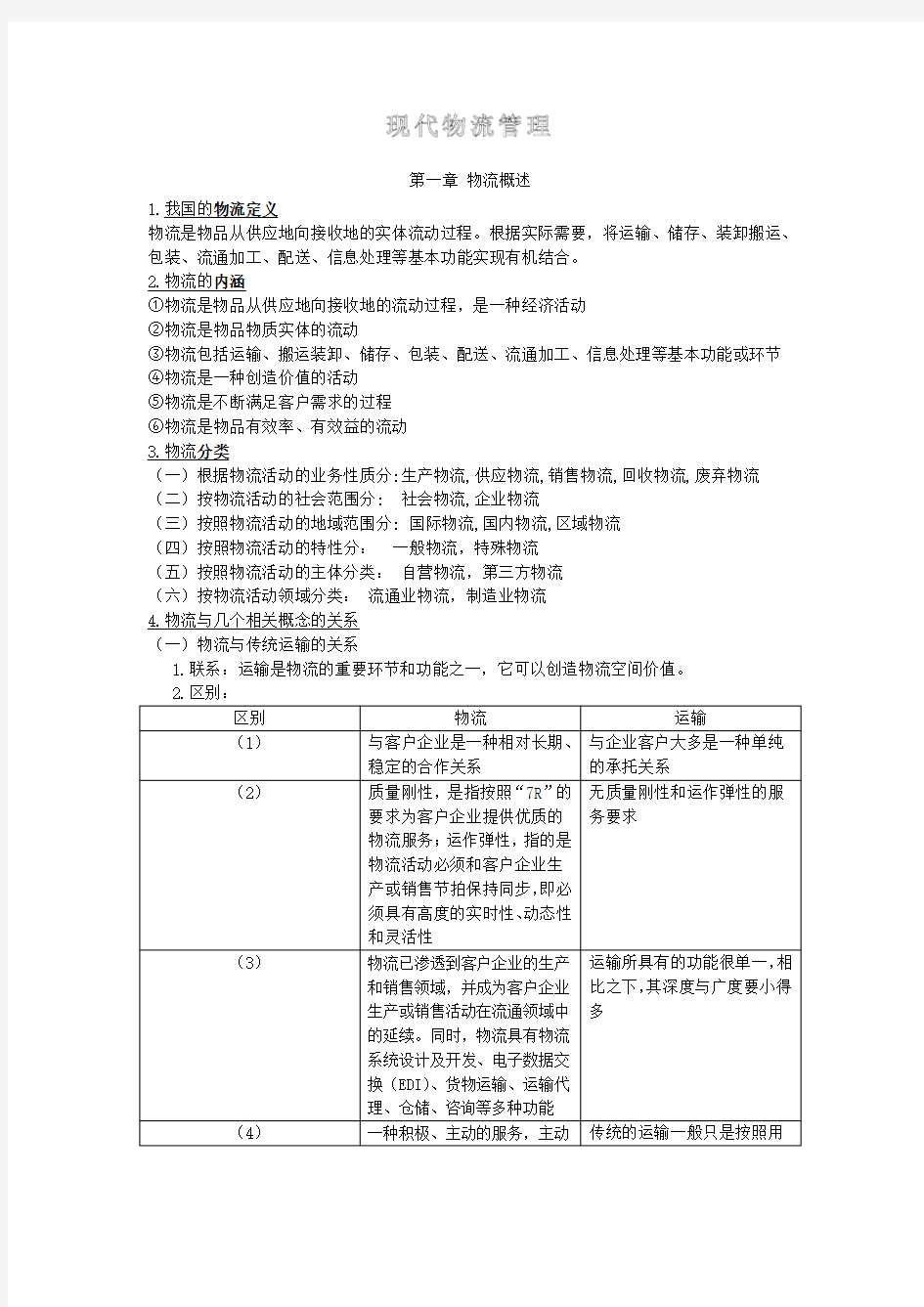 现代物流管理考试复习资料