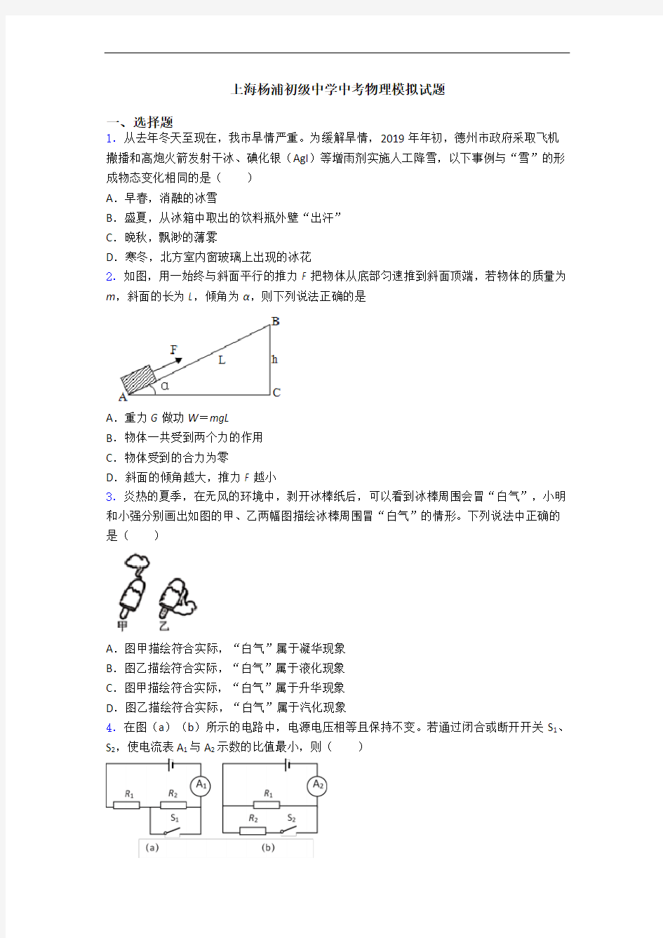 上海杨浦初级中学中考物理模拟试题