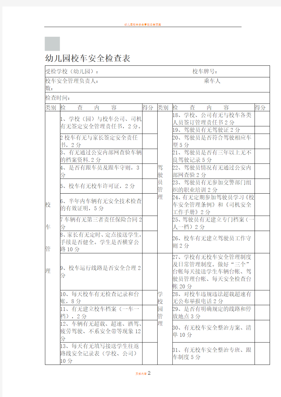 幼儿园校车安全检查表