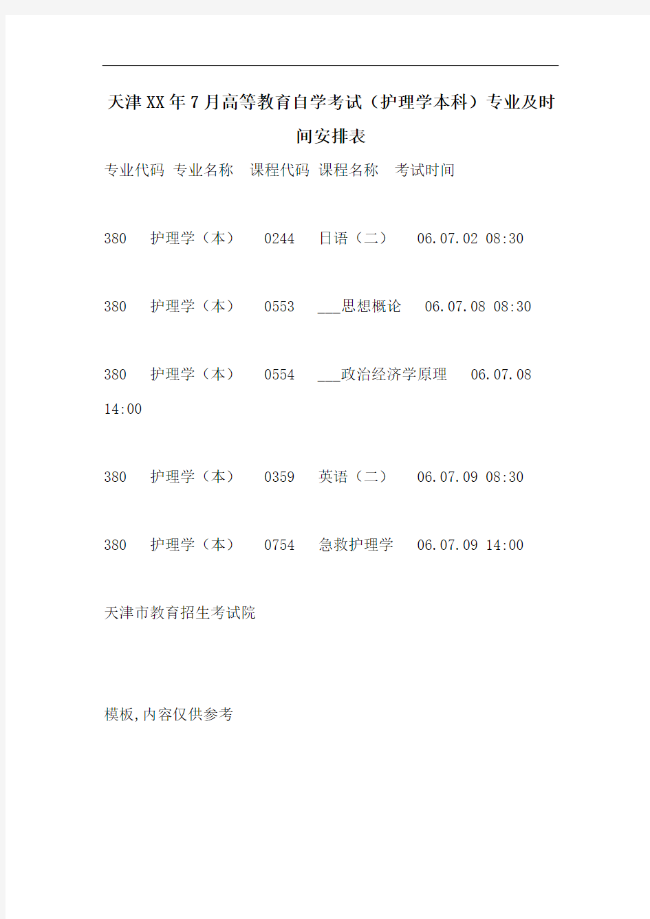 天津XX年7月高等教育自学考试(护理学本科)专业及时间安排表