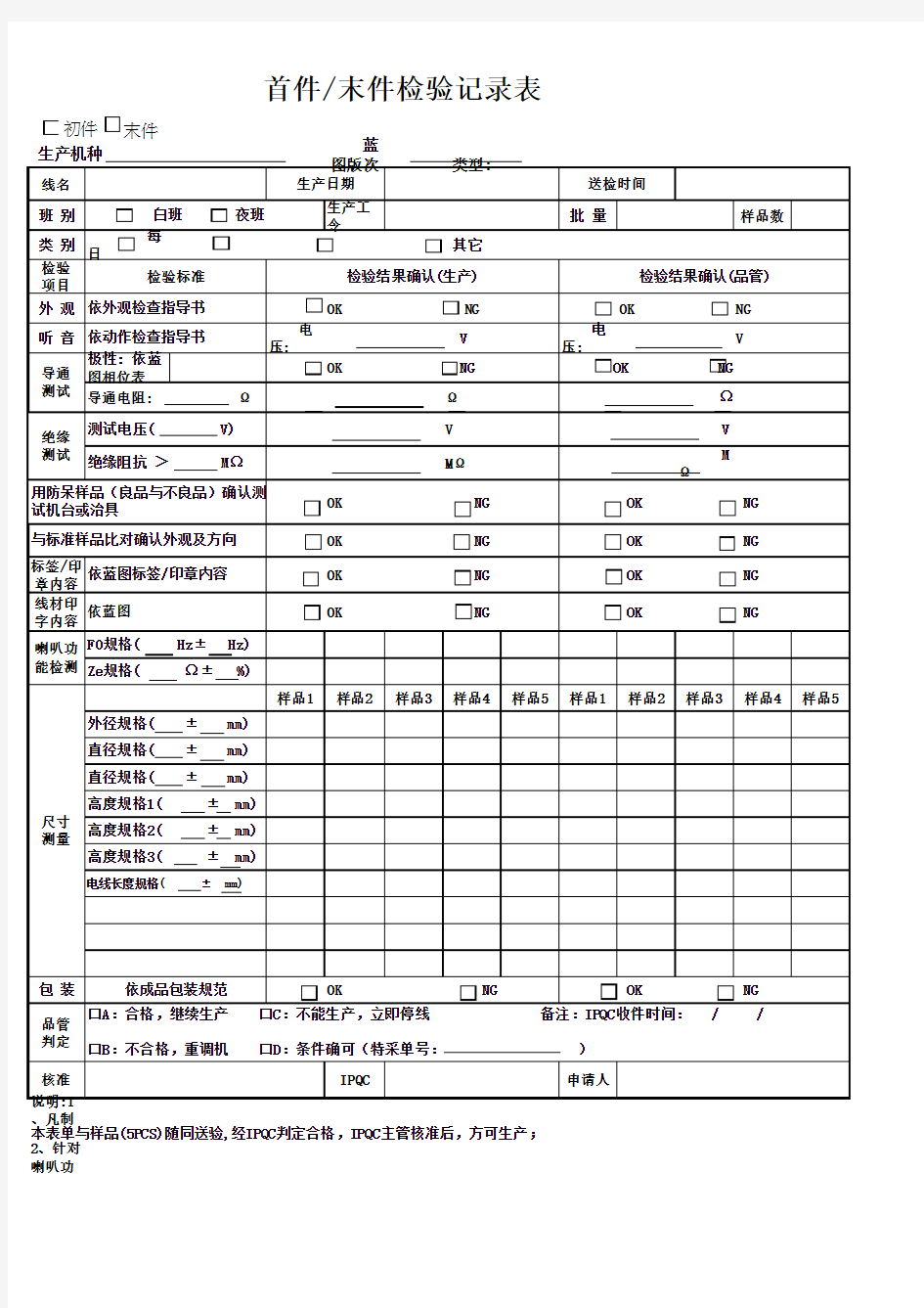 耳机行业首末件检验记录表