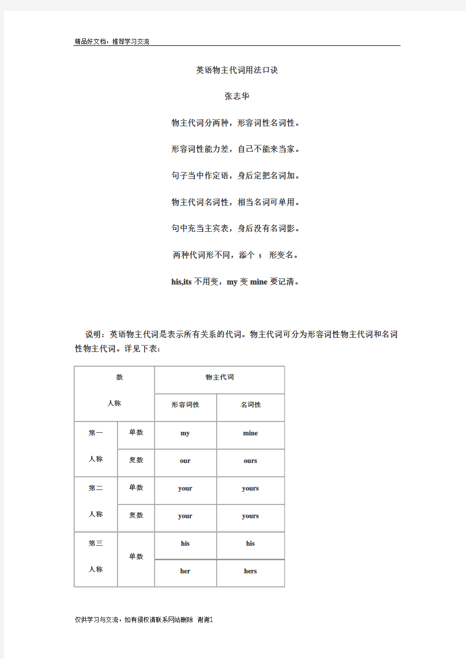 最新英语物主代词用法口诀