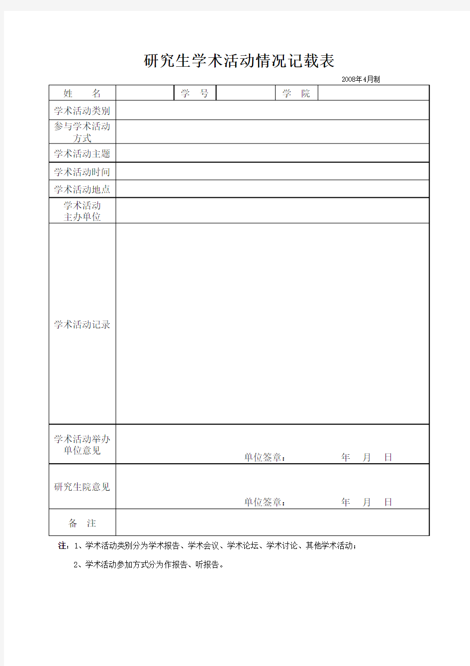 研究生学术活动情况记载表