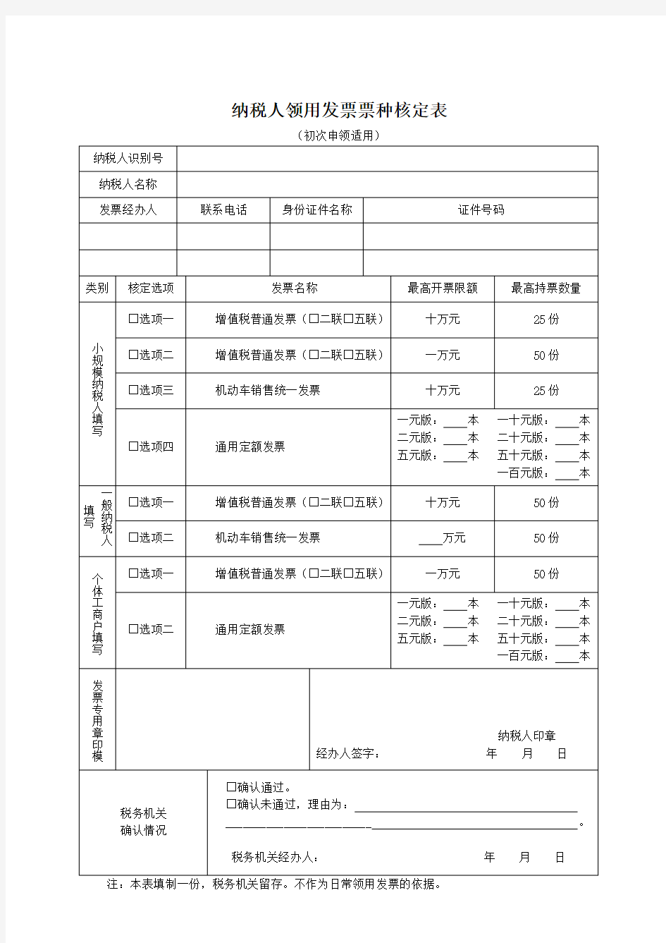 纳税人领用发票票种核定表(新版)(初次申领适用)