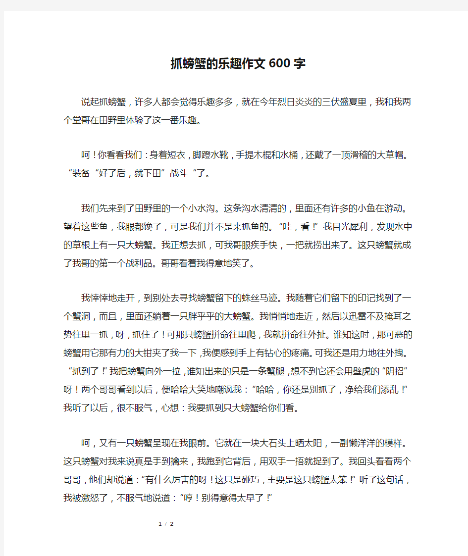 抓螃蟹的乐趣作文600字