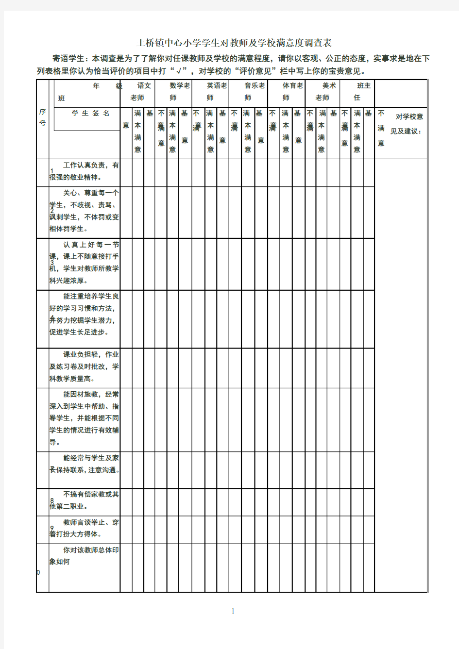 学生对教师满意度调查表