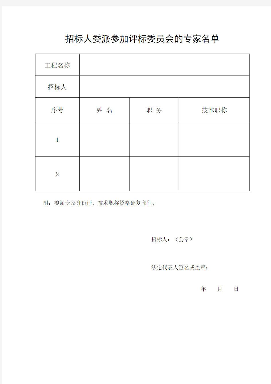 招标人委派参加评标委员会专家名单