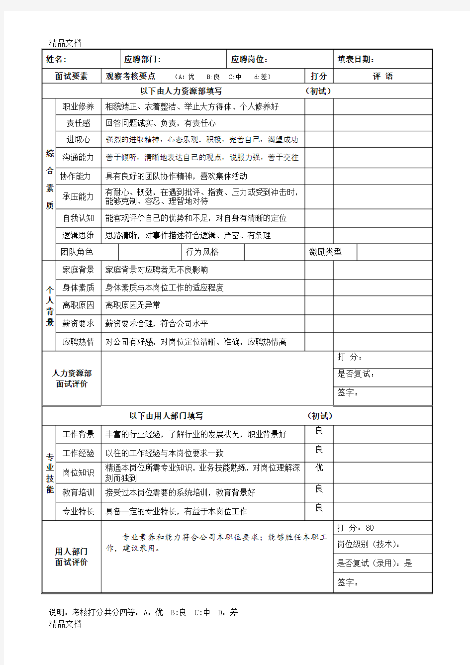 新员工面试评价表(模板-初试+复试)知识分享