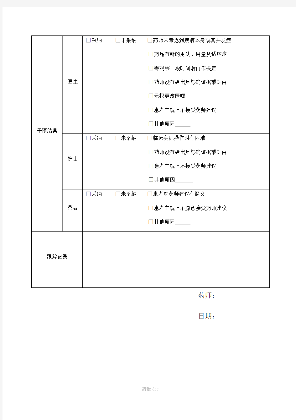 临床用药干预记录单