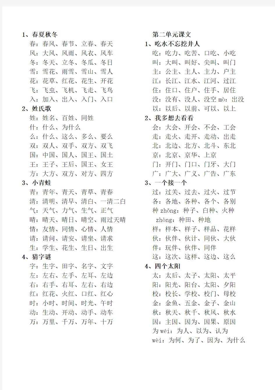 (完整版)部编本小学语文一年级下生字词