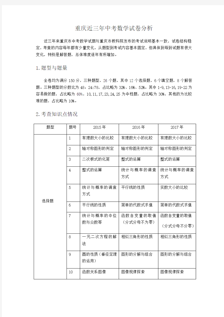 重庆近三年中考数学试卷分析