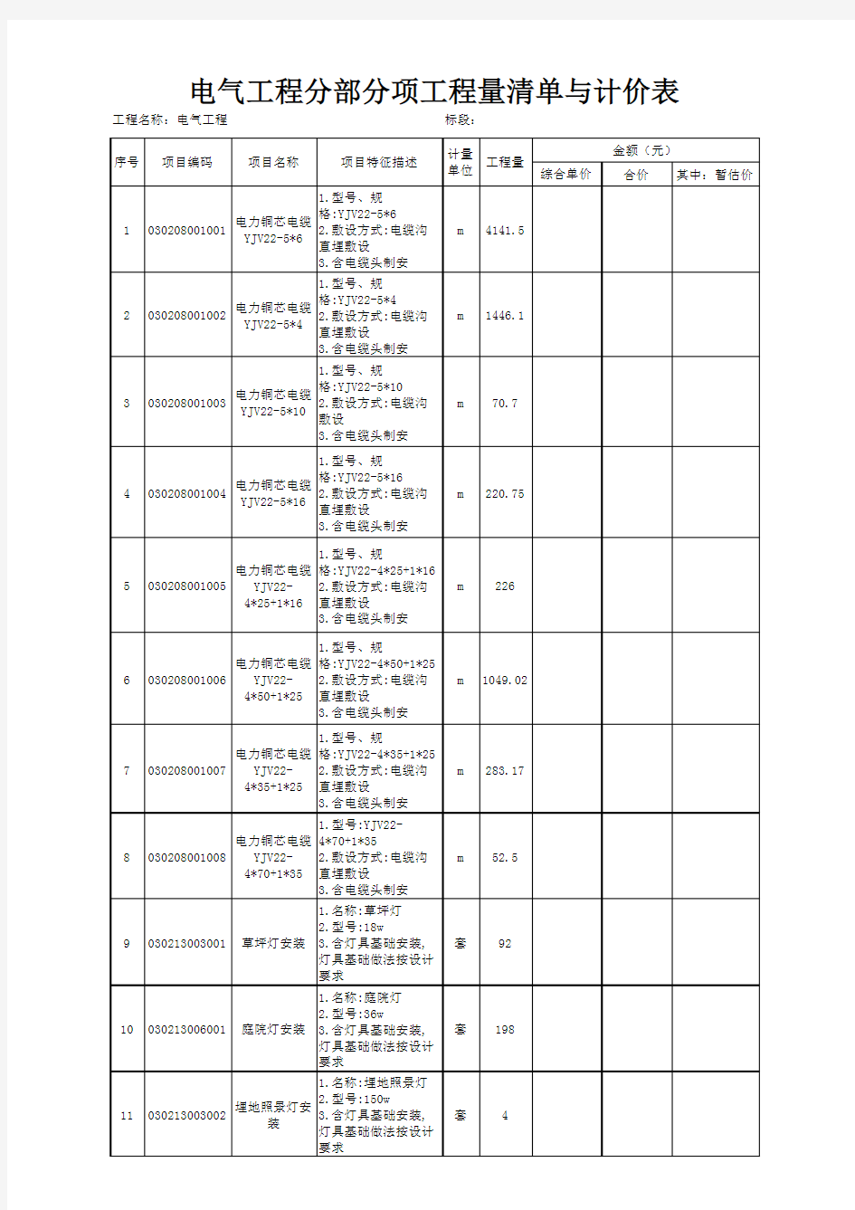 电气工程分部分项工程量清单与计价表