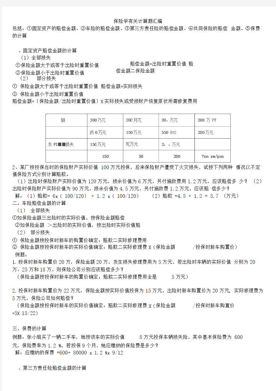 保险学计算题汇总