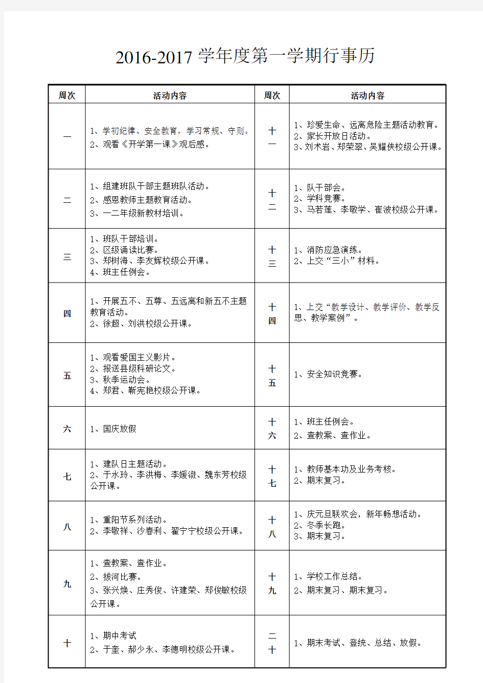 2016-2017学年度第一学期行事历