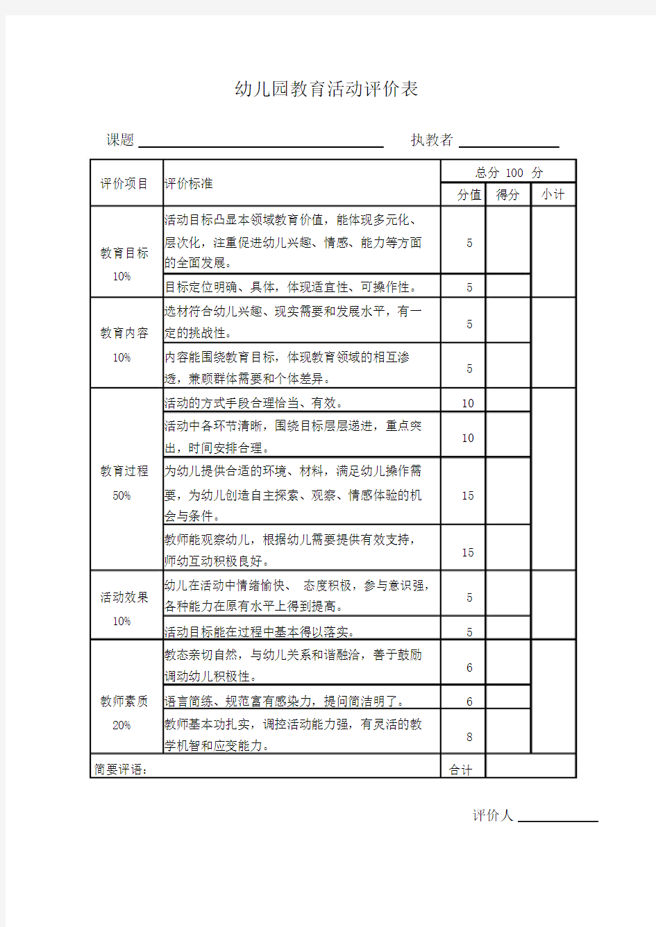 幼儿园教育活动评价表